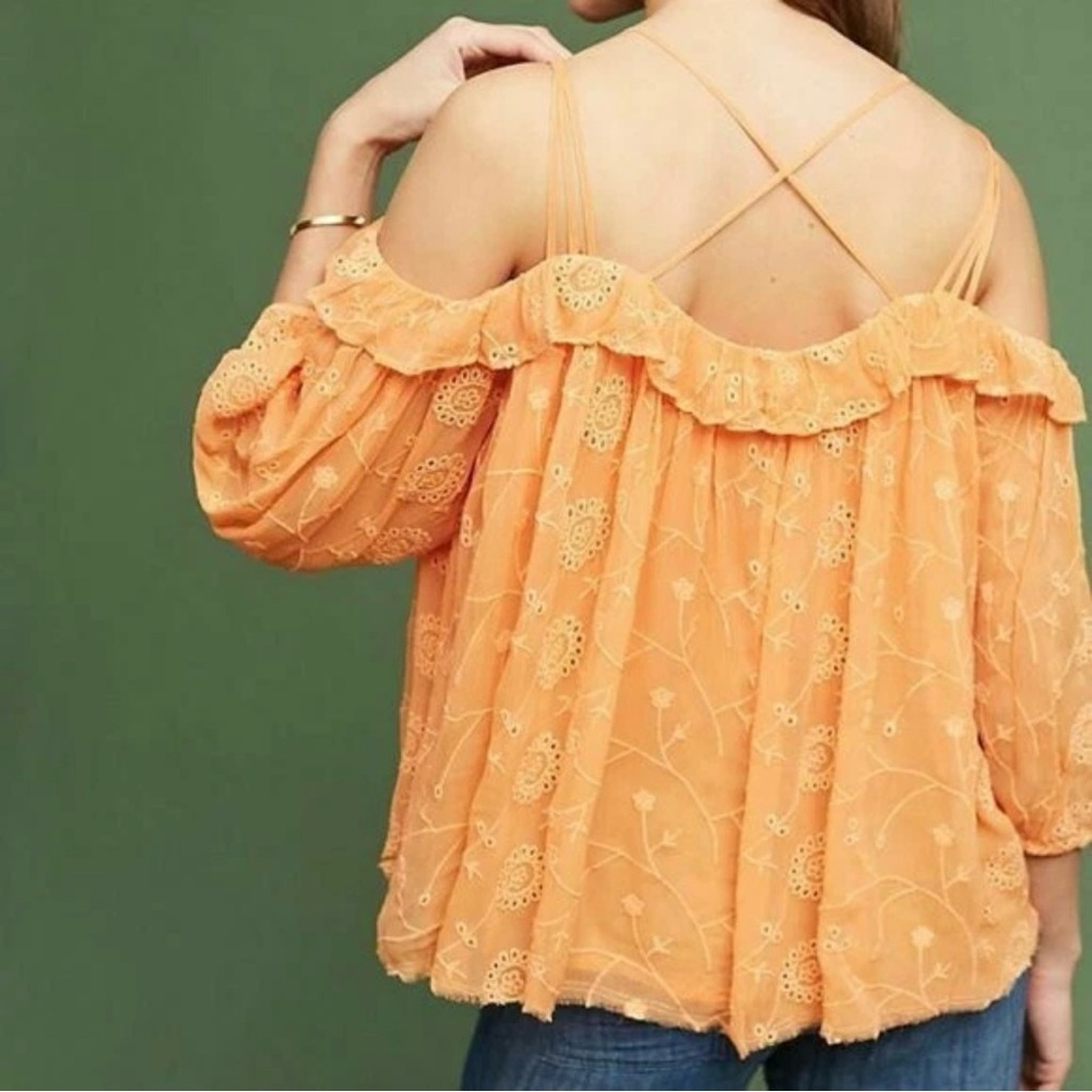 Anthropologie Floreat Maryana Open Shoulder Blouse Women’s Size XS Tangerine - Picture 3 of 11